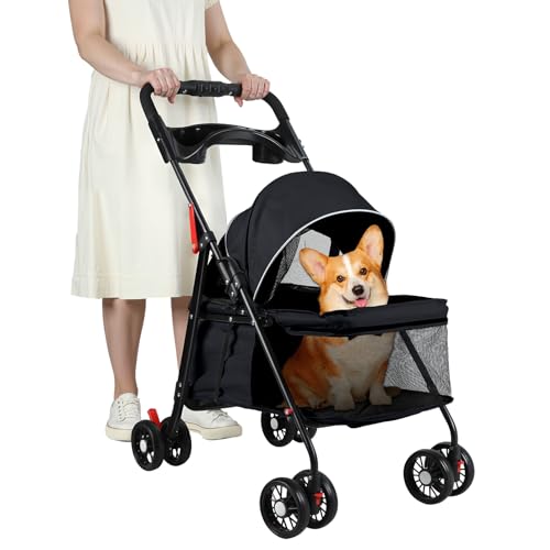 Passeggino pieghevole per cani e gatti di piccola taglia, leggero con portabicchieri, rete traspirante e ruote ammortizzanti a 360°, salvaspazio, capacità 7,5 kg, per viaggi e passeggiate all'aperto