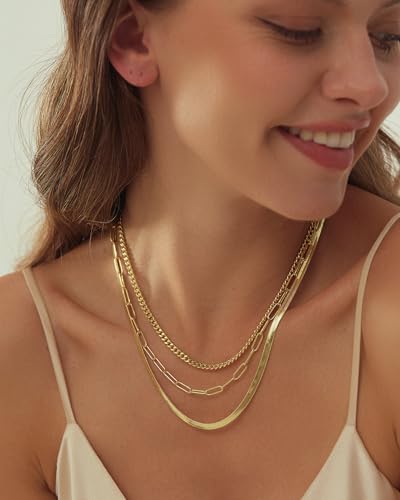 Gold Layered Necklaces for Women, 14K Gold Plated Dainty Gold Chain Choker Necklace Stack, Herringbone Gold Necklaces Set2