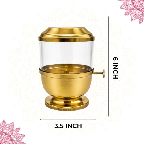 Image of Klassic 6 Inch Pure Brass Akhand Jyoti Diya with Glass Cover & Adjustable Bati Knob | Traditional Oil Lamp with Wick Lifting Screw Lever for Home Temple, Pooja Room, Diwali, Navratri & Daily Puja