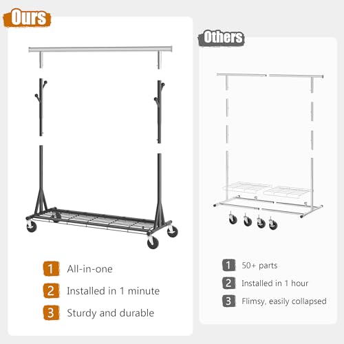 Garment Rack Load 530lbs,Heavy Duty Rolling Clothes Rack With Sturdy Wheel And Shelves, Adjustable Portable Hanging Rack For Clothes, Chrome Stainless Steel, Black