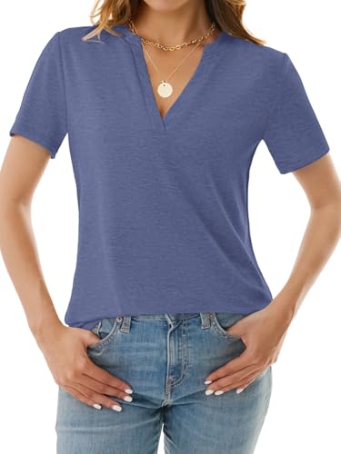 NORACORA Women's V Neck Short Sleeve T Shirt Summer Casual Tops Loose Fit Basic Blouses Trendy Fashion for Work Daily Wear Navy Blue M — view 5