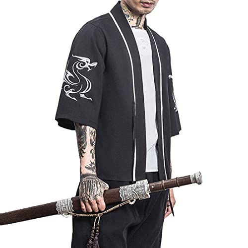 HZCX FASHION Men Shirts Black White Hanfu Lightweight Cardigan Beach Kimono Robe
