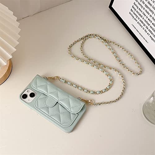 Housse en cuir pour iPhone 14 Plus étui portefeuille à bandoulière et chaîne collier vert