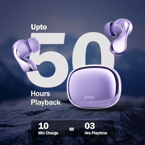 Image of pTron Bassbuds Tango in-Ear TWS Ear Buds w /Custom EQ, 50hrs Playtime, Pristine Sound, Dual Mic, TruTalk ENC Calls, Mobile App, Wireless Bluetooth V6.0, Touch Controls, Type-C Charging, IPX5 (Lilac)