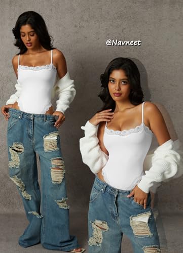 Image of Navneet Women Sexy Lace Bodysuit Lace Trim High Cut Thong Spaghetti Strap Cami Bodysuit Going Out Tank Tops Body Suit