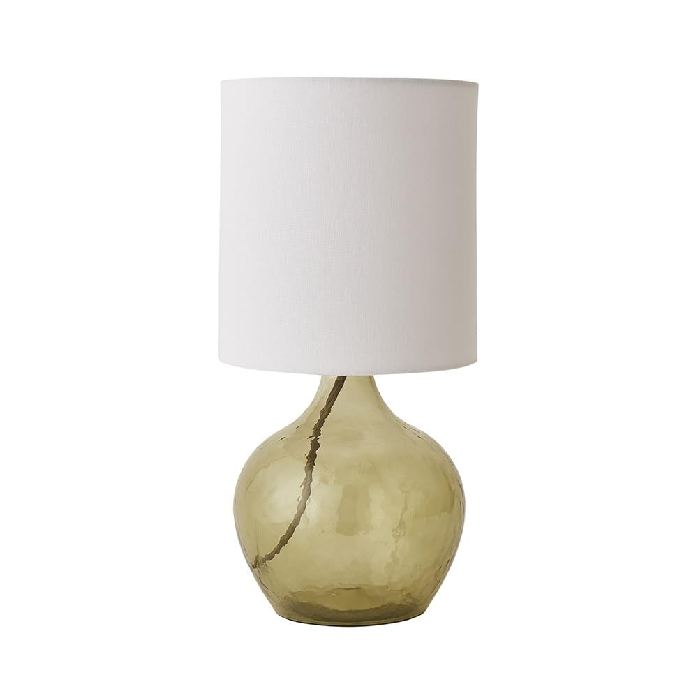 ValueLights | Emily Natural Linen Drum Shade Dark Green Glass Teardrop Table Lamp and LED Bulb | Table Lamps, Home Décor & Improvement Essential | Included LED Bulb