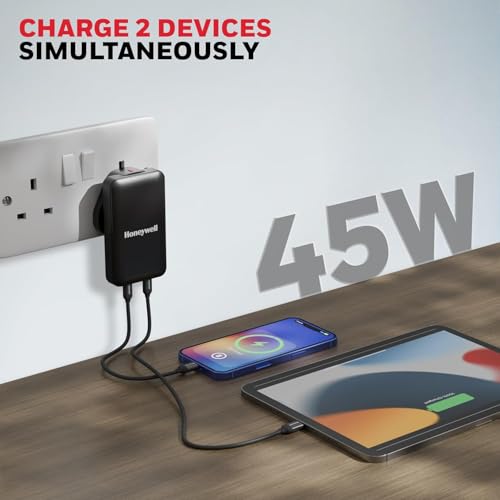 Image of Honeywell Zest Ultra-Thin GaN 45W Dual Type-C PD 3.0 Wall Charger with PPS Support, Ultra-Fast Charging, Compatible with iPhone, iPad Pro, Pixel, Galaxy, OnePlus, Tablets & Smartwatches