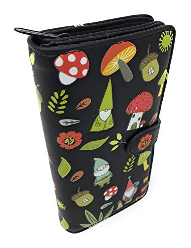 Shag Wear Gnome Forest Large Wallet for Women and Teen Girls Multiple Gnomes Mushrooms Plants Vegan Faux Leather Black 7