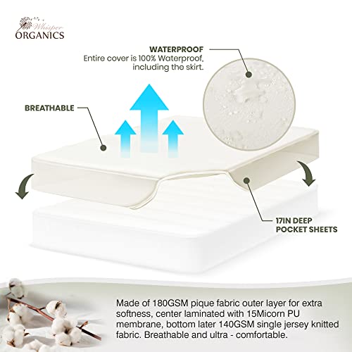 Whisper Organics, 100% Waterproof Mattress Protector - Pique Textured Weave, Breathable Soft & Durable - Queen Mattresses Cover - Gots Certified Organic - White, 17" Deep Pocket, 62X82 Inch #TOP5
