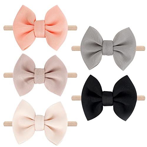 Image of Tinabless Baby Girls Nylon Headbands(5 Packs), Newborn Bows Handmade Hair Bows Hairbands Hair Accessories for Newborn Infant Toddlers Kids(Beige Black khaki Gray Peach)