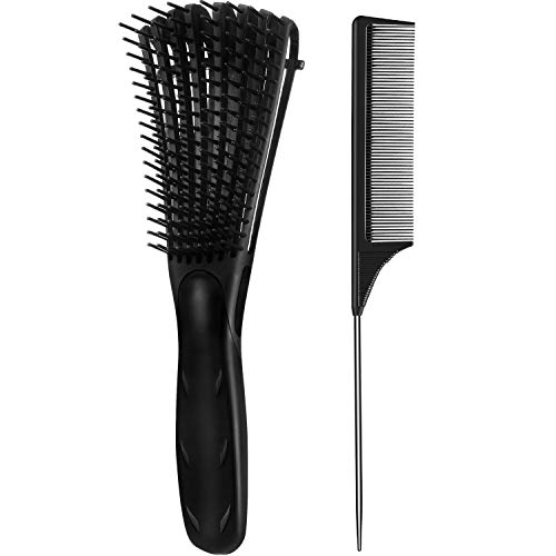 2 Pieces Detangler Brush 4c Hair Set with Rat Tail Comb for Curly Hair Detangler for Afro America Afro Textured 3a to 4c Kinky Wavy, for Wet/Dry/Long Thick Curly Hair (Black)