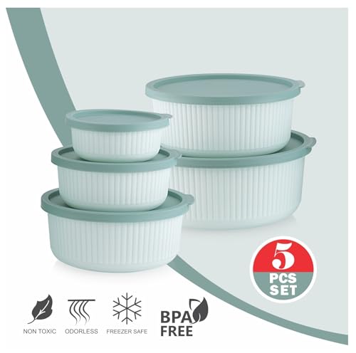 Image of Round Fridge Storage Boxes Set, 5 Piece Plastic Stackable Bowls with Airtight Lids For Kitchen and Freezer Safe Containers - 270ml, 550ml, 1000ml, 1700ml, 2700ml, Mint Green