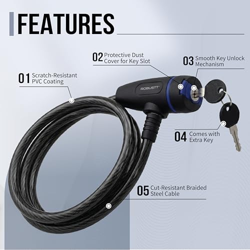 Image of Robustt Braided Steel Cable Lock with Keys - 0.65m Long, 10mm Thick PVC Coated Cut-Resistant Cable | Dust Cover Key Slot | Extra Key Included | Anti-Theft Cable Lock