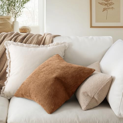 MIULEE Pack of 2 Decorative Throw Pillow Covers Soft Chenille Throw Pillows Solid Neutral Farmhouse Textured Cushion Covers for Couch Sofa Bedroom Living Room 18x18 Inch, Brown