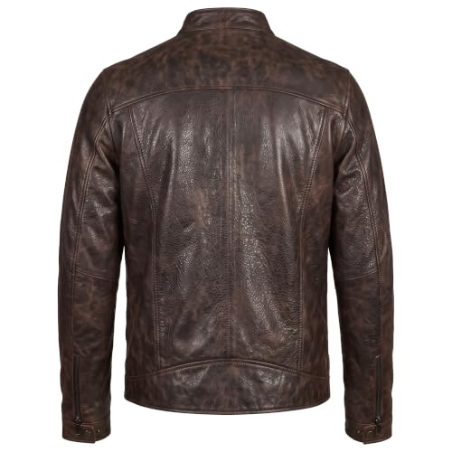 Image of Men Cafe Racer Motorcycle Style Solid Leather Jacket Slim Fit Motorcycle Brown Cafe Racer Leather Jacket