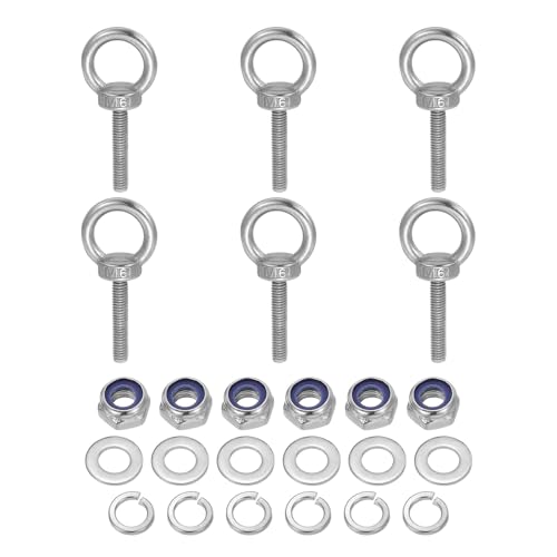 sourcing map Lifting Shoulder Eye Bolt M6 x 30 mm, 304 Stainless Steel Ring Shape Male Thread Eyebolt with Nuts Washers for Engineering Port Marine Hanging Pack of 6