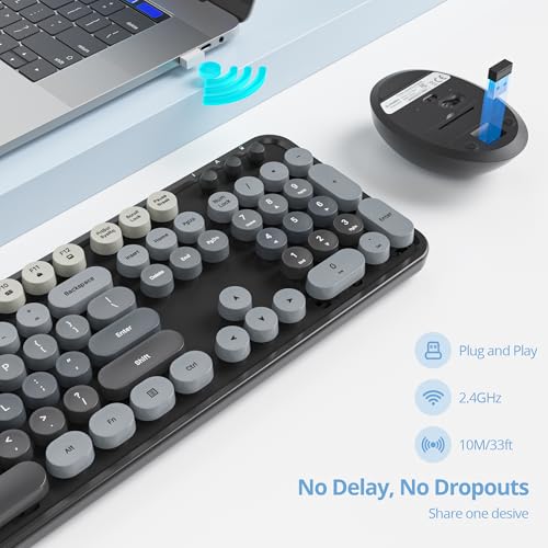 Image of Guffercty kred Colorful Grey Wireless Keyboard and Mouse Combo, Retro Typewriter Wireless Full-Size Cute Office Keyboard 2.4GHz with Round Keycaps for Desktop Laptop and PC(Gradient Black)