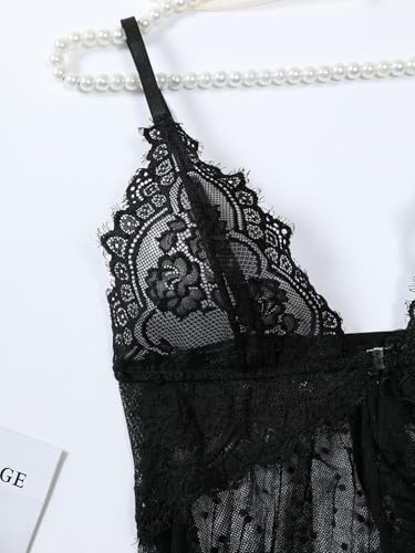 Image of Foxiny Sexy Open Front V Neck Ruffle Sheer Mesh Lace Wireless Babydoll Lingerie Dress with Thong 2 Piece