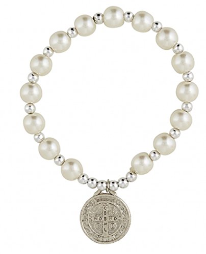 Religious Jewelry White Glass Bead Stretch Bracelet with Silver Tone Saint Benedict Medal, 7 1/2 Inch
