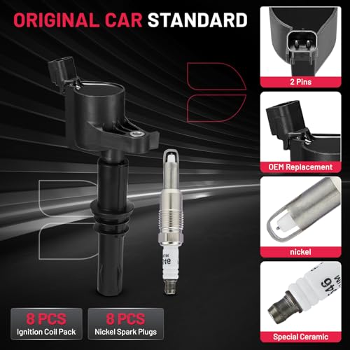 Image of BDFHYK Ignition Coil Pack DG511 and Iridium Spark Plug SP515 SP546 Compatible with Ford F150 F250 2004-2008 Ford Mustang Expedition 2007 Lincoln Navigator Ford Coil Pack 5.4L Coil for FD508 Set of 8