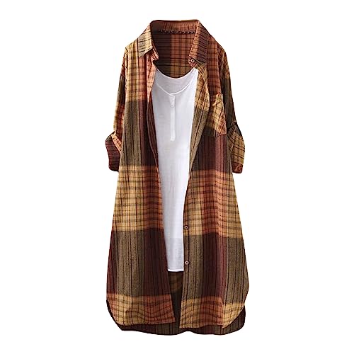 Longbluse Damen Lässig Für Leggings Blusen & Tuniken Für Damen Leinenbluse Karierte Shirt Lang Longshirt Kurzarm Ausgefallene Tshirts Dirndl...