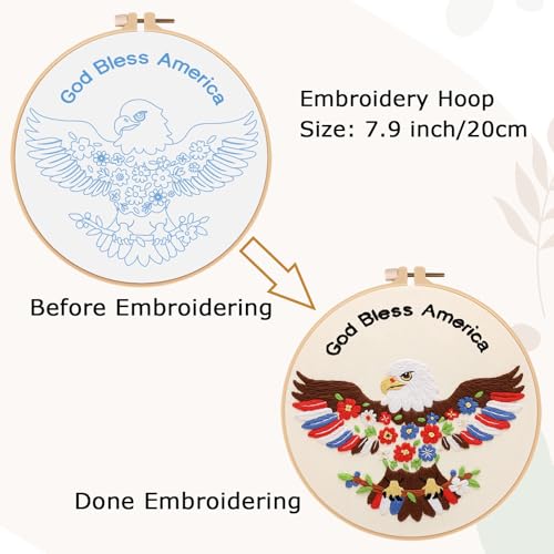 Image of Nuberlic Embroidery Kits for Beginner Adults, God Bless America Eagle Cross Stitch Starter Kit with Embroidery Hoop Needles Threads Instruction -Independence Day