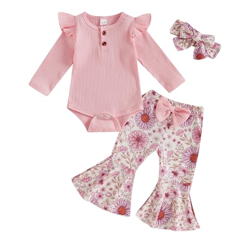 Image of Molgkyo Newborn Baby Girl Fall Outfits Ribbed Long Sleeve Ruffle Romper Floral Flared Pants Headband Set 3Pcs Winter Clothes