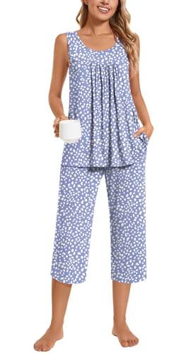 TAOHUADAO Womens Summer 2 Piece Pajama Sets, Sleeveless Tops with Capri Pants, Lounge Ladies Pjs Sets with Pockets2