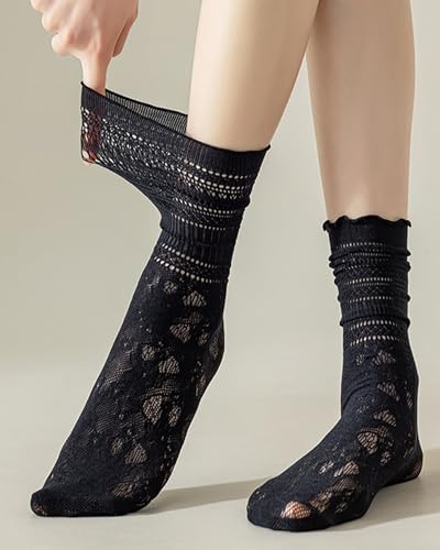 Image of Womens Lace Ankle Socks Mesh Lace Loose Socks Cute Casual Solid Color Princess Socks Sheer Dress Socks 6 Pairs 4-9