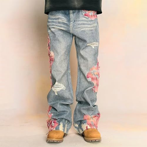 Baggy Jeans Men Frayed Y2k Floral Jeans Loose Fit Ripped Straight Leg Hip Pop Wide Leg Denim Pants Streetwear3