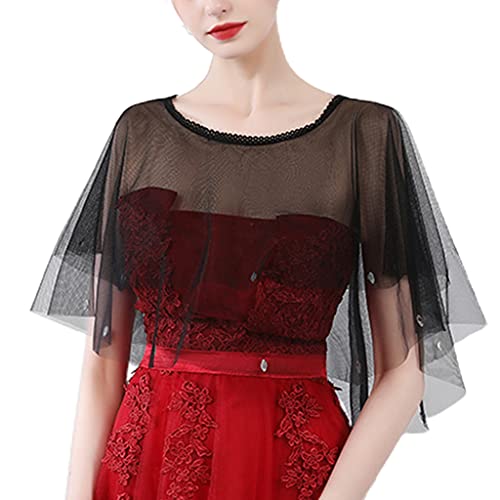 Wedding Capes Soft Tulle Shawls and Wraps Double-Layer Bridesmaid Capelet Shrug Shawls for Formal Party Evening Dress Black
