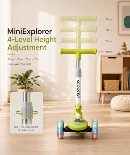 Image of MiniExplorer Zoomie Kids Kick Scooter with LED Wheels, 3 Wheel Scooter for Boys & Girls, Adjustable Height Handle, Foldable Lightweight Scooter for Kids Age 3+ Years - Dino