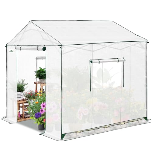 Image of EAGLE PEAK 8x8 Pop Up Walk in Greenhouse, Easy Setup, Gable Roof, White