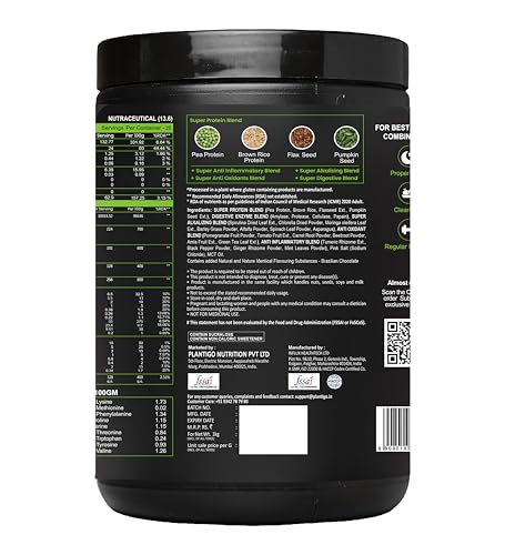 Image of Plantigo Clean Plant Protein Powder | No Preservatives, No Banned Substances | Super Protein Blend - Pea, Brown Rice, Flax | Vegan Green Protein For Men, Women (Brazilian Chocolate - 1 kg x Pack of 2)