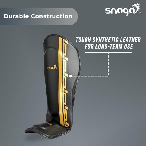 Image of Snaga MMA Shin Guard, Leather Shin Guard Pads with High-Density Foam Padding for MMA, Karate, Taekwondo, Kick Boxing & Other Martial Arts (Black-Golden)
