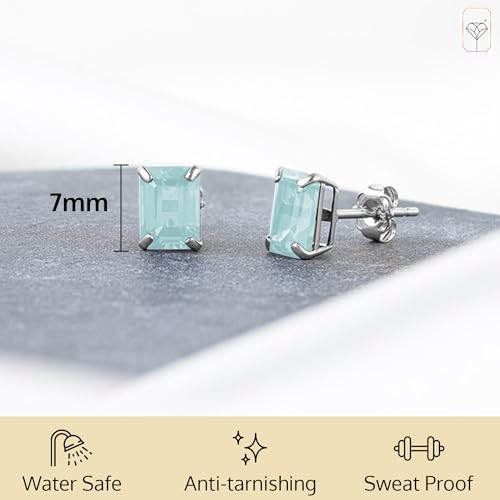 MAX + STONE 14k White Gold Solitaire Blue Aquamarine Emerald Cut Stud Earrings for Women | 7x5mm March Birthstone by MAX + STONE - Image 3