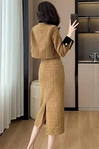 Women's Vintage Tweed Two Piece Set Short Jacket Coat + Bodycon Skirt Suits Elegant OL 2 Piece Outfits2