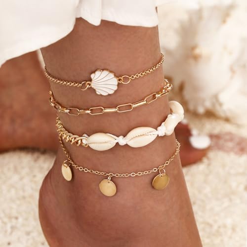 Image of Qceasiy Bead Ankle Bracelets Set For Women, Adjustable Gold Plated Boho Shell Anklet, Hawaiian Beach Seashell Pearl Disc Starfish Conch Foot Jewelry, Summer Fashion Gifts