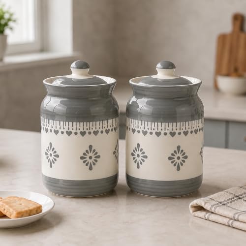 Image of Niyara Multipurpose Storage Ceramic Pickle set Jars with Lid & tray (Set of 4, 300 ml) (grey jhalar jar set 2)