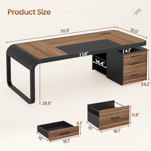 Image of Itaar 70.9 inch Executive Desk, Large Computer Desk with Drawers and Lateral File Cabinet, Office Desk with Removable Shelves, Business Furniture Desk Workstation for Home Office, Walnut