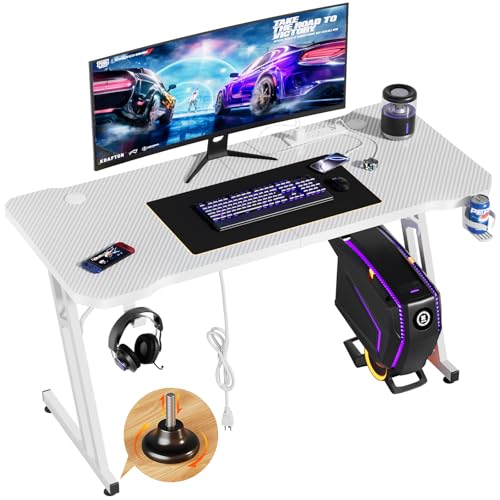 Image of Czlolo 47 Inch Gaming Desk with Power Outlets, L-Shape Leg Computer Desk, Gamer Desk for Small Space, Wtih Cup Holder, Headphone Stand, USB& Tpye-C Ports, Carbon Fiber Surface, White