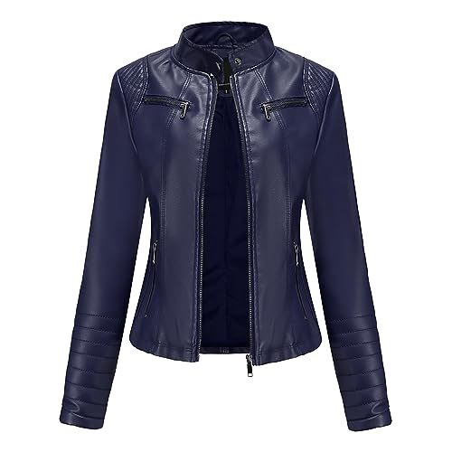 Chaqueta de mujer de cuero PU delgado con cuello alto ligero y cremallera para mujer, azul, M