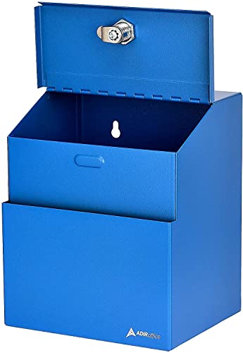Image of Adir Wall Mountable Steel Suggestion Box with Lock - Donation Box - Collection Box - Ballot Box - Key Drop Box (Blue) with 25 Suggestion Cards