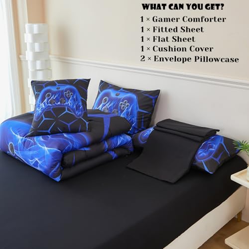 Image of ZRNBAST Twin Size Comforter Set, 6 Pieces Blue Gaming Bed in a Bag Twin