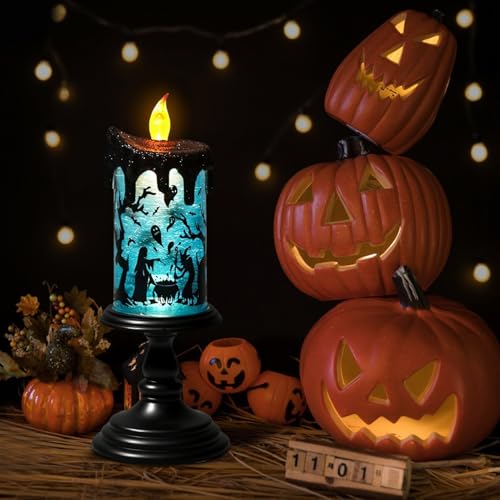 Image of Halloween Flameless Candle Battery Operated with 6 Hour Timer, Blue Lights Witch Decals Tornado Lamp LED Candle Halloween Indoor Decor 4 x 10 Inches