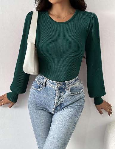 Image of Zeagoo Womens Sweaters Long Sleeve Bodysuits 2026 Fall Crewneck Puff Knit Pullover Tops