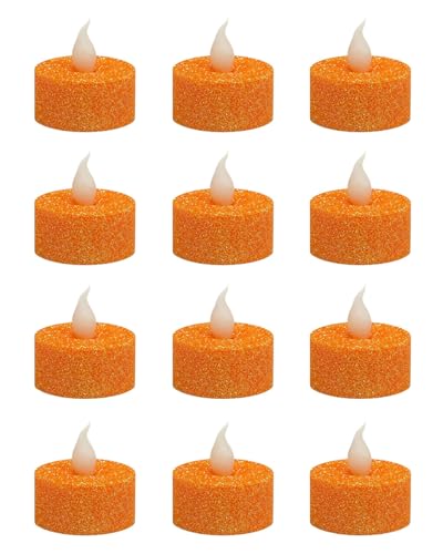 Image of Orange Glitter Tea Lights with Timer,12 Pack | Built-in 6 Hours Timing,Halloween Sparkly Tealights, for Thanksgiving,Wedding Decorations