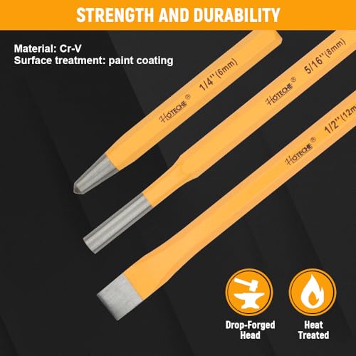Hoteche 12-Piece Punch and Chisel Set Including Taper Punch, Center Punch, Cold Chisel, Pin Punch with Storage Case for Metalworking and Woodworking, Yellow, 390412
