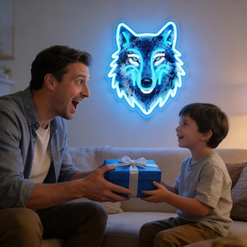 Image of Wolf Neon Sign, UV Printed Dimmable LED Wolf Light, Wolf Neon Wall Decor for Bedroom, Animal Wall Decor, Cool Gifts for Boys and Men, Living Room Man Cave Home Decoration, USB Powered
