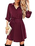 Beluring Ladies Loose Shirt Dresses Long Sleeve V Neck Button Dress Burgundy Size 18 20